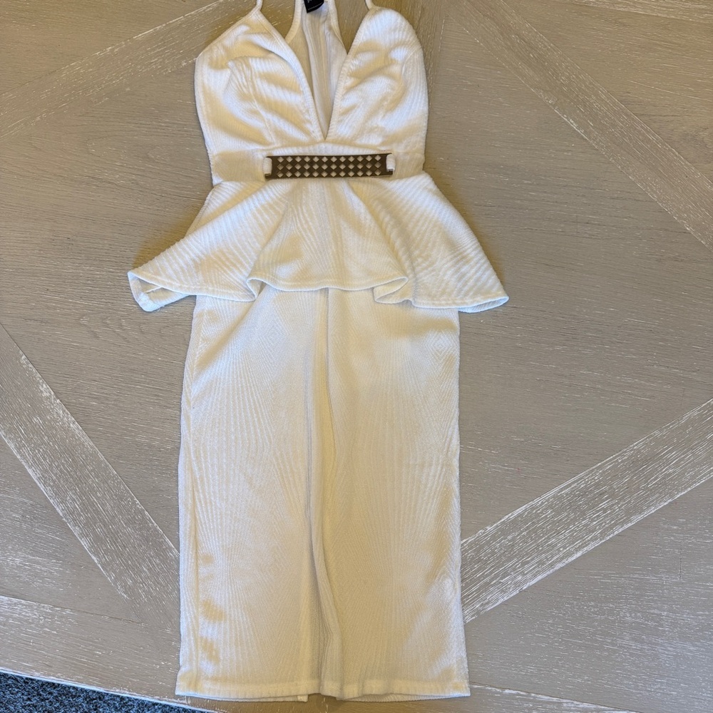 Privy White Textured Halter Bodycon Dress with bold metal accent XS